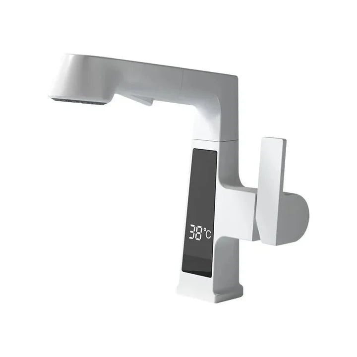 Torneira Com Display Digital Monocomando Mangueira Extensível Pull-Out - Branco