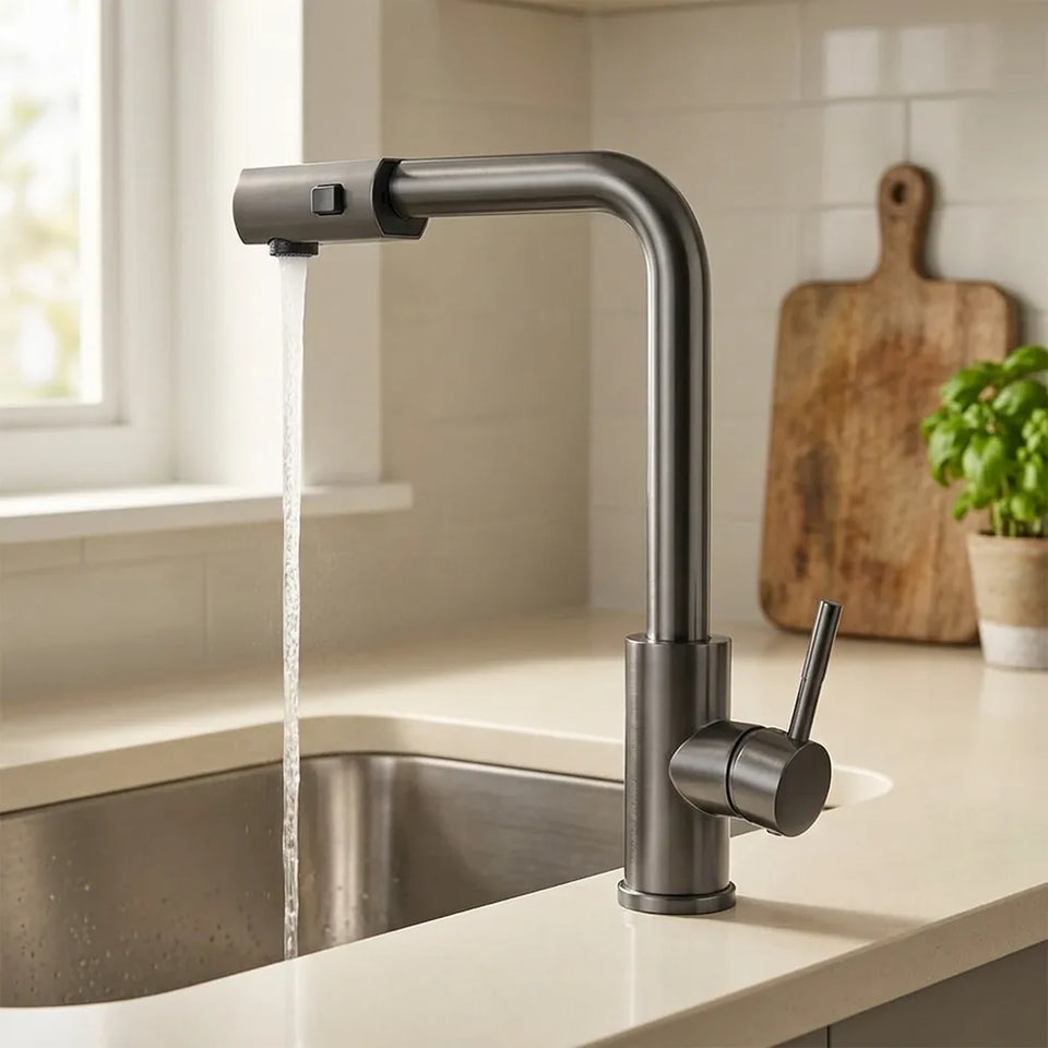 Torneira gourmet para cozinha com ducha extensível cinza escovado instalada em bancada clara com cuba de aço inox