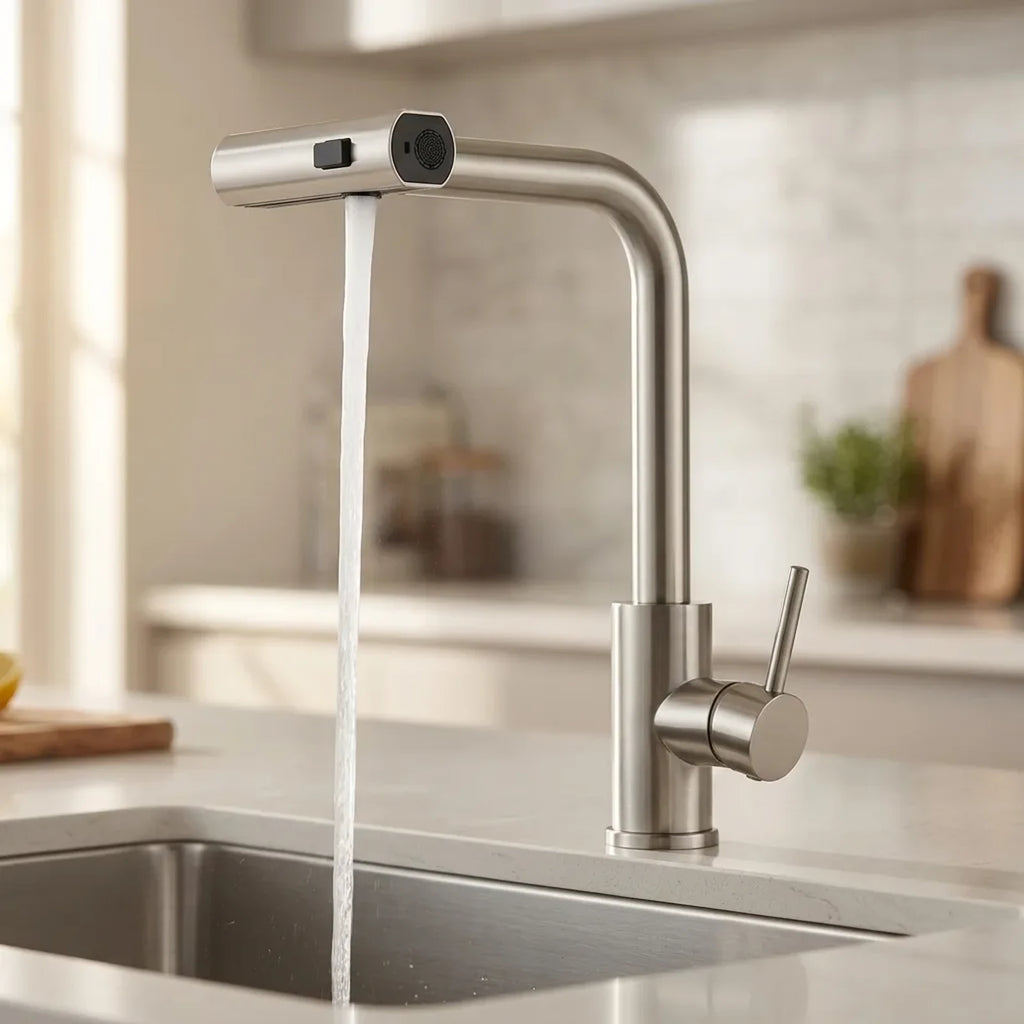Torneira gourmet para cozinha com ducha extensível em níquel escovado instalada em bancada clara com cuba de aço inox