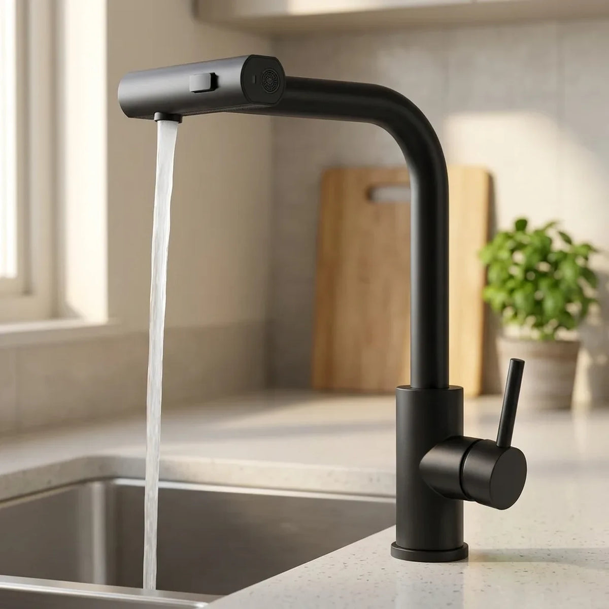 Torneira gourmet para cozinha com ducha extensível preta instalada em bancada clara com cuba de aço inox