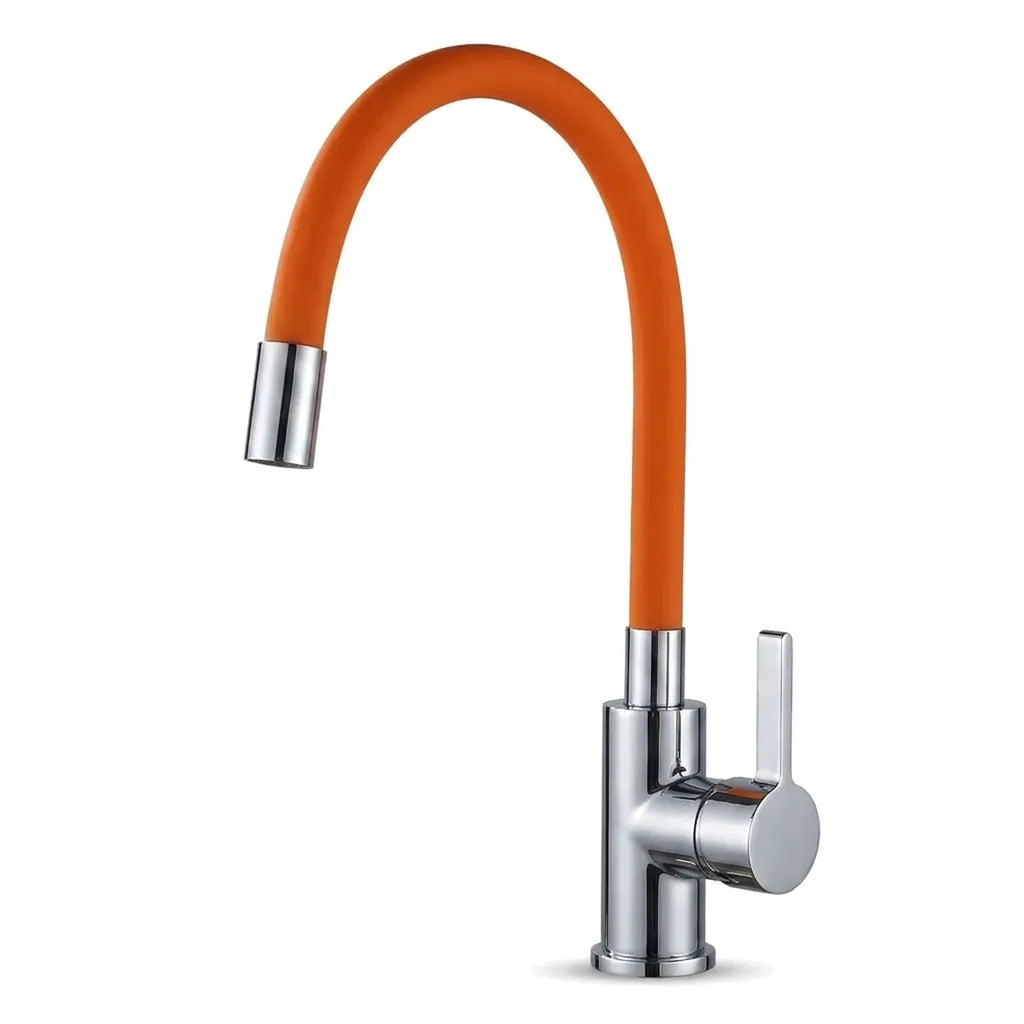 Torneira gourmet flexível para cozinha com mangueira de silicone laranja e corpo cromado, foto de catálogo em fundo branco