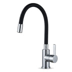 Torneira gourmet flexível para cozinha com mangueira de silicone preta e corpo cromado, foto de catálogo em fundo branco