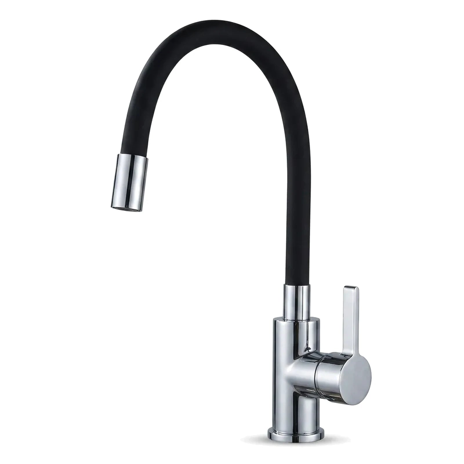 Torneira gourmet flexível para cozinha com mangueira de silicone preta e corpo cromado, foto de catálogo em fundo branco