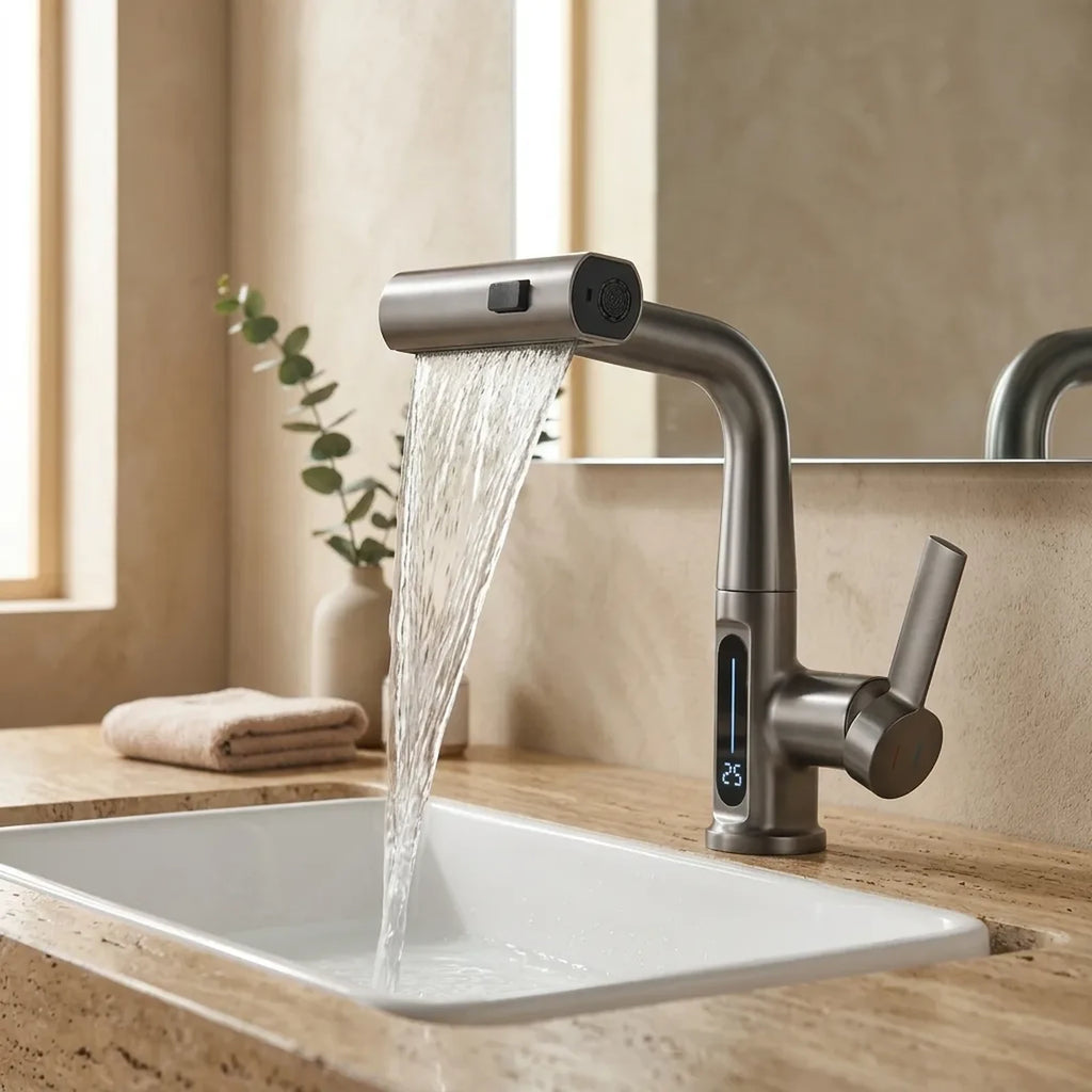 Torneira digital cascata grafite instalada em cuba branca sobre bancada de travertino em banheiro moderno, com jato cascata em funcionamento