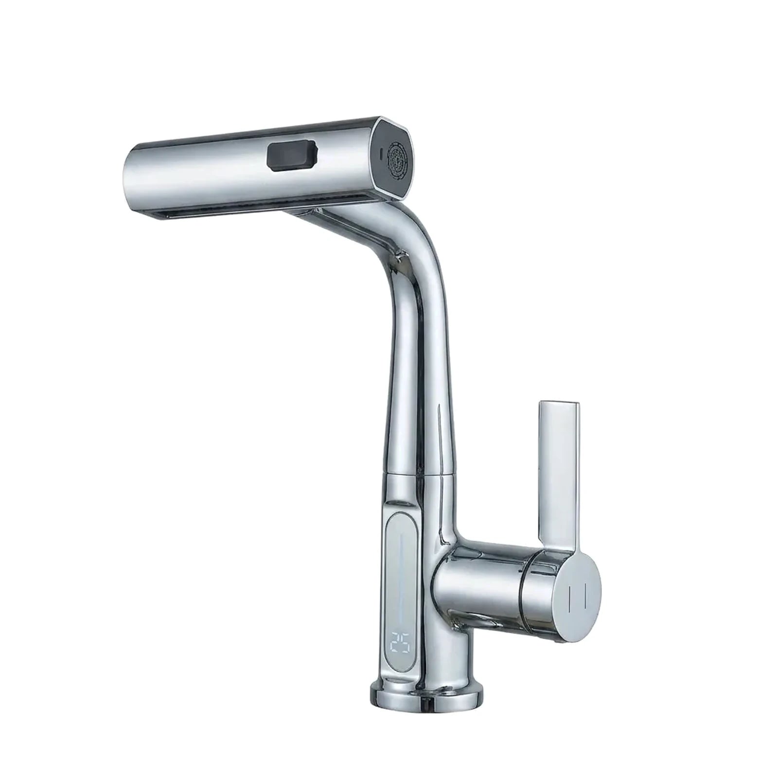 Torneira digital cascata para banheiro acabamento cromado com visor de temperatura, foto de catálogo em fundo branco