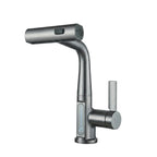 Torneira digital cascata para banheiro acabamento grafite escovado com visor de temperatura, foto de catálogo em fundo branco