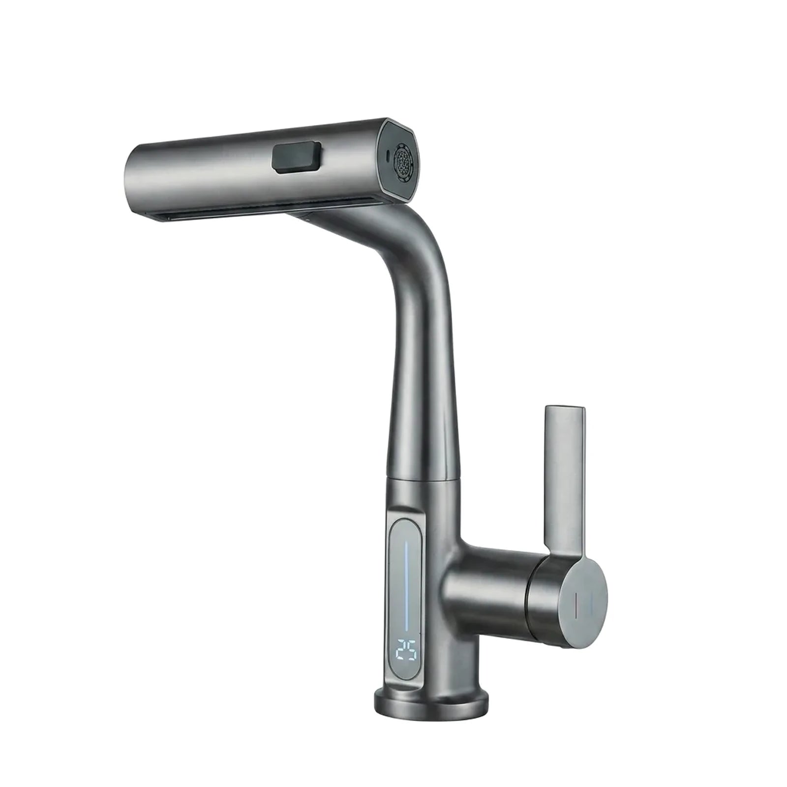 Torneira digital cascata para banheiro acabamento grafite escovado com visor de temperatura, foto de catálogo em fundo branco
