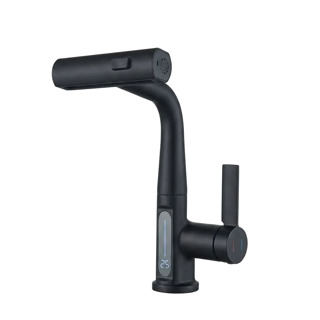 Torneira digital cascata para banheiro acabamento preto fosco com visor de temperatura, foto de catálogo em fundo branco