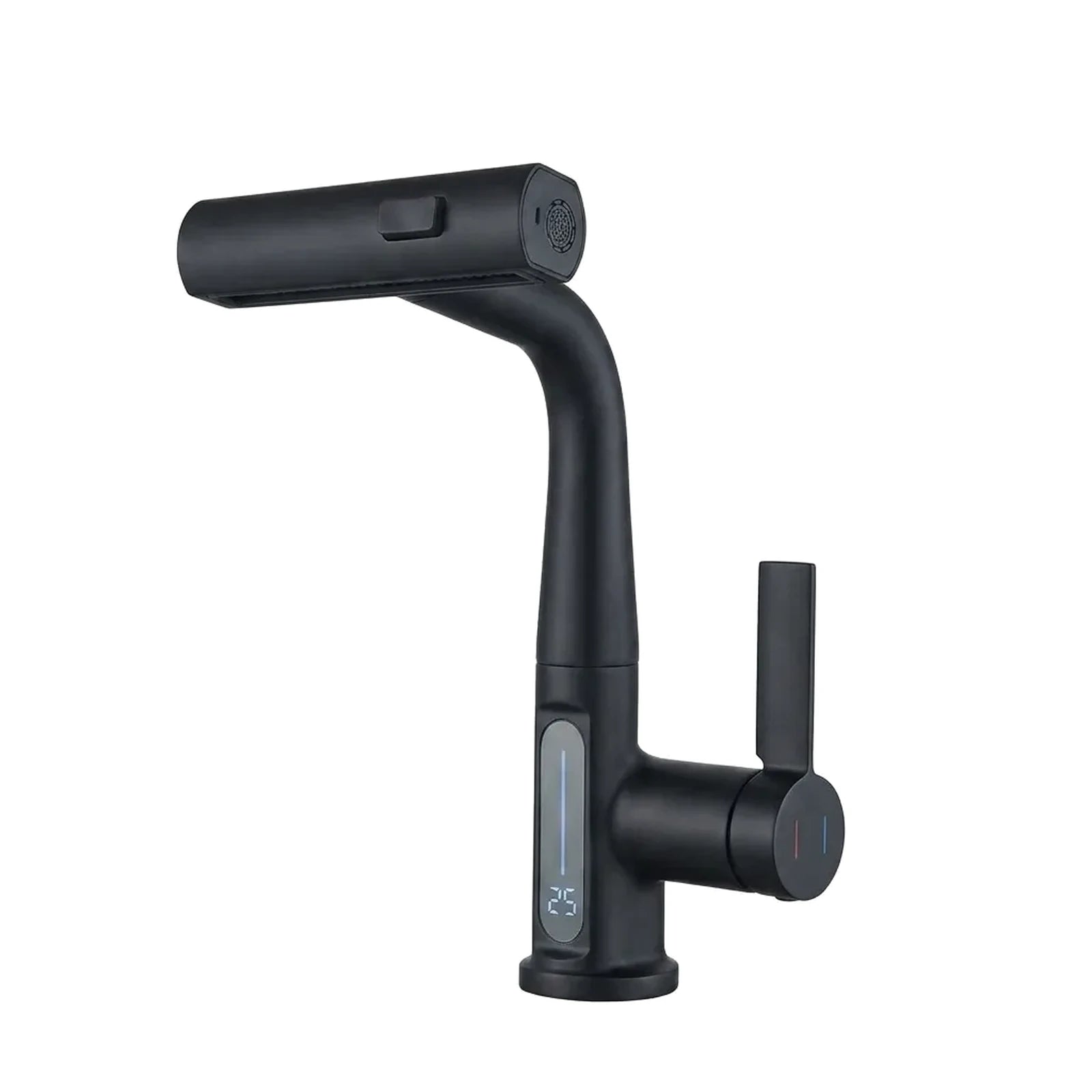Torneira digital cascata para banheiro acabamento preto fosco com visor de temperatura, foto de catálogo em fundo branco