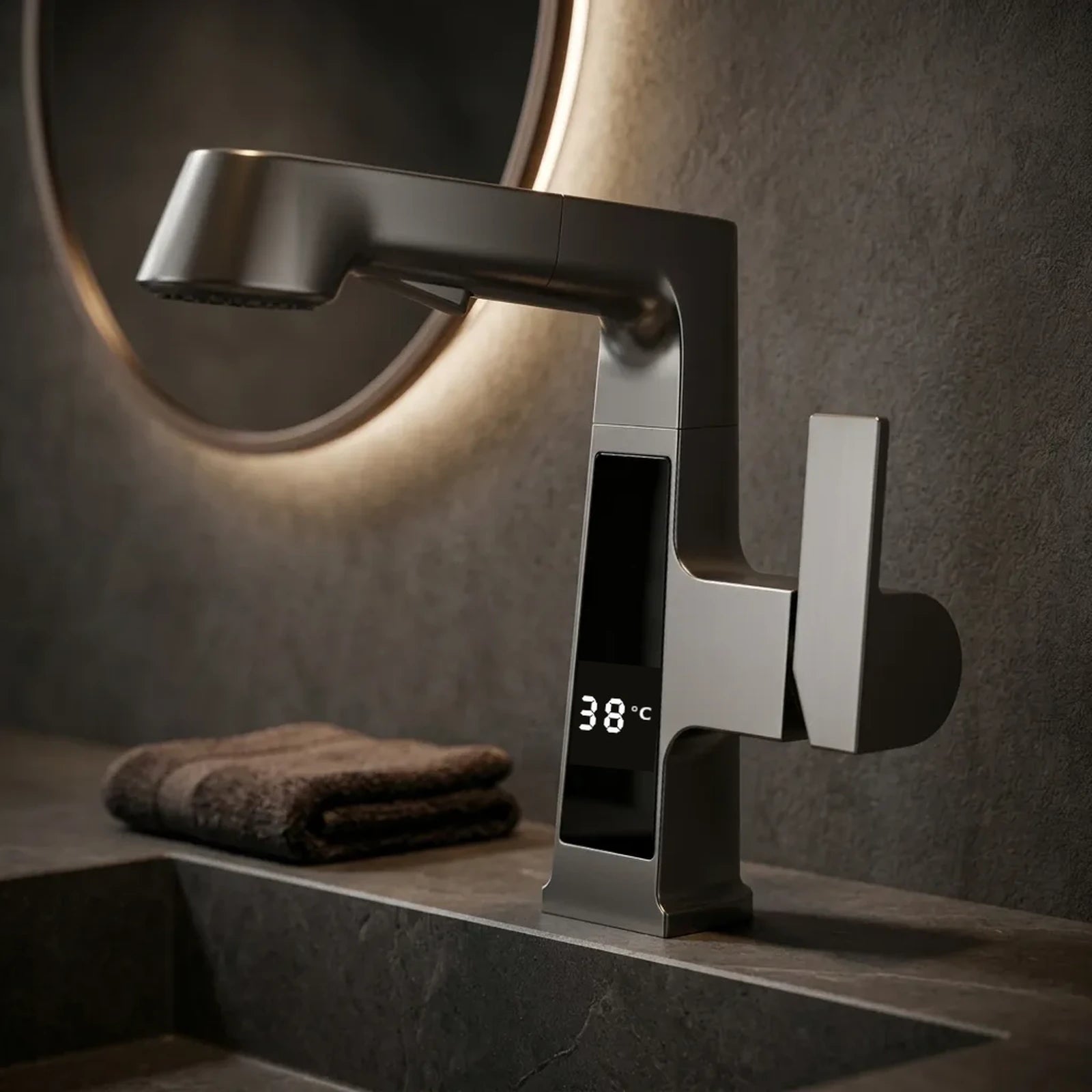 Torneira com display digital em lavabo moderno de bancada escura com espelho redondo iluminado, display mostrando 38°C