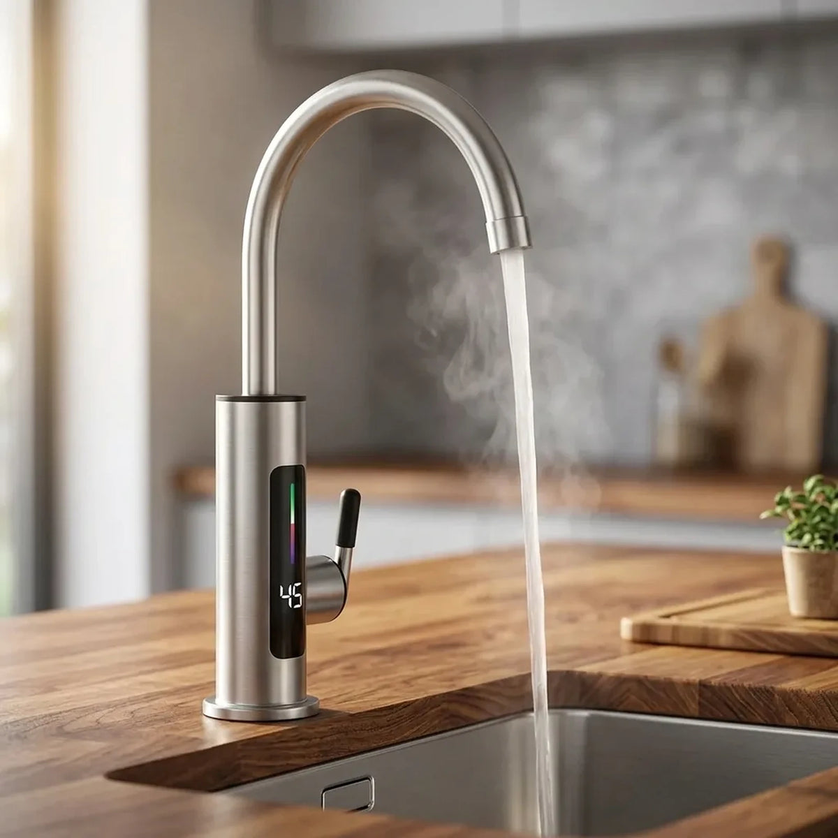 Torneira elétrica com visor de temperatura instalada em bancada de madeira com cuba de aço inox, água quente com vapor e visor marcando 45 graus