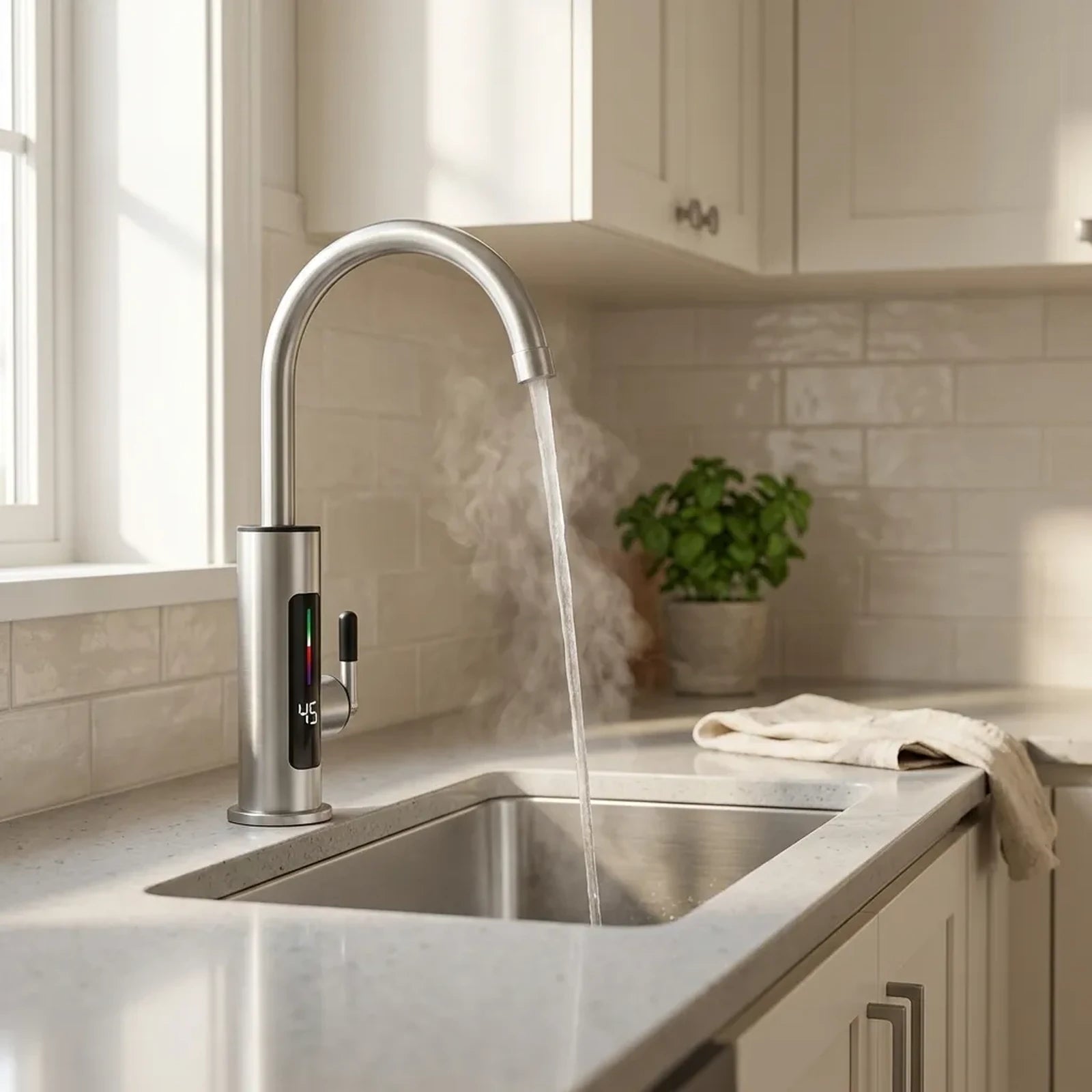Torneira elétrica instalada em cuba de aço inox em cozinha moderna, com água quente saindo e vapor