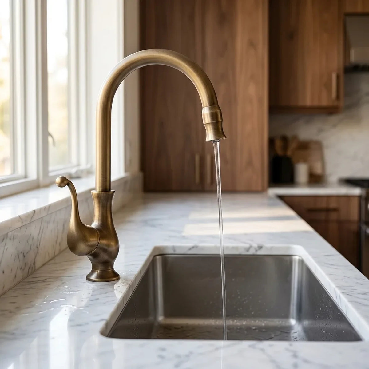 Torneira gourmet antique bronze instalada em bancada de mármore branco com cuba de inox