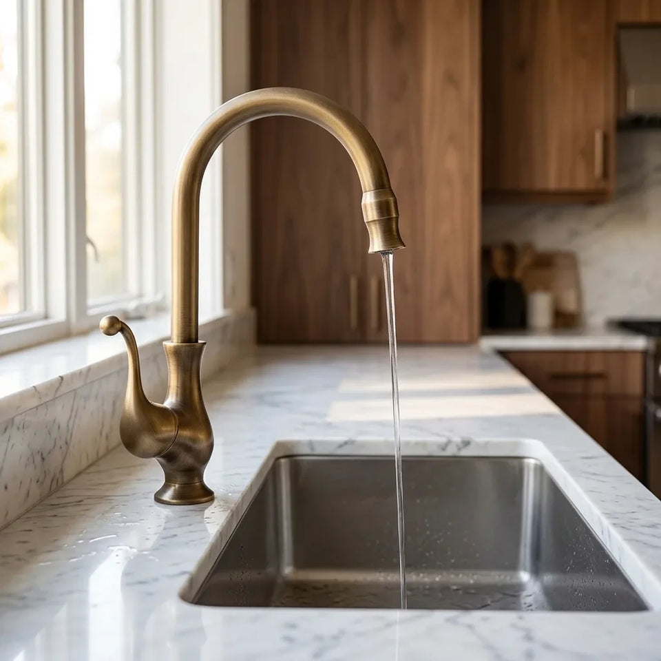 Torneira gourmet antique bronze instalada em bancada de mármore branco com cuba de inox
