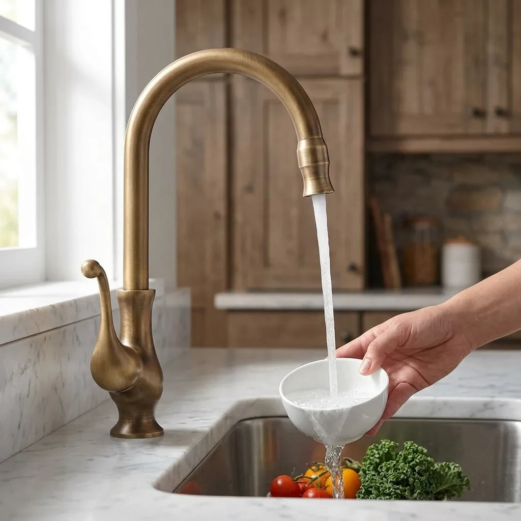 Tigela de cerâmica sendo enchida sob o jato da torneira gourmet antique bronze em cozinha com bancada de mármore e cuba de inox