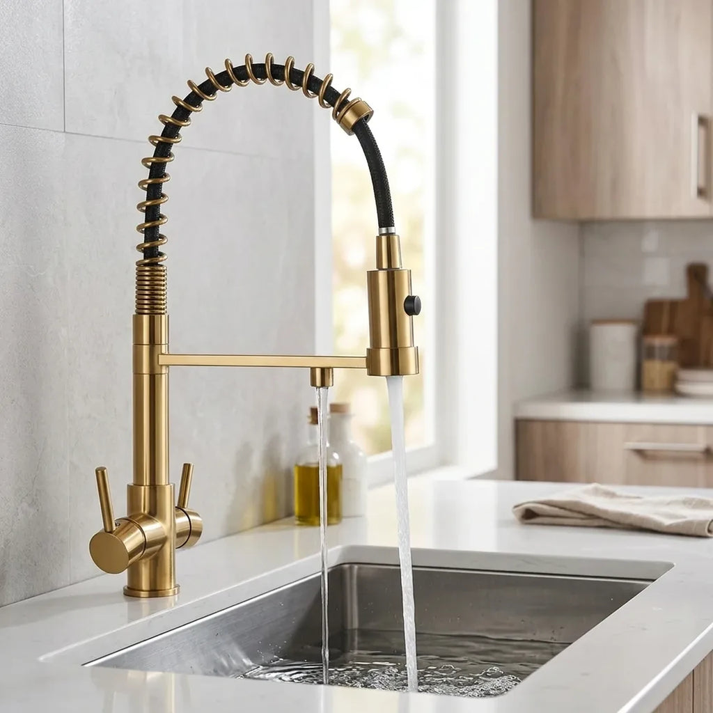 Torneira gourmet articulada com filtro na cor dourado, em uso com água corrente em cozinha contemporânea