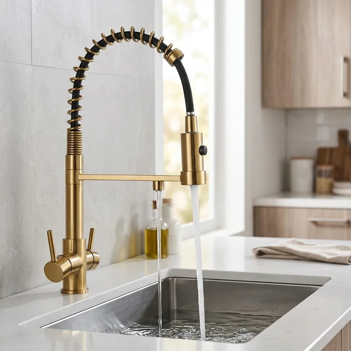 Torneira gourmet articulada com filtro na cor dourado, em uso com água corrente em cozinha contemporânea