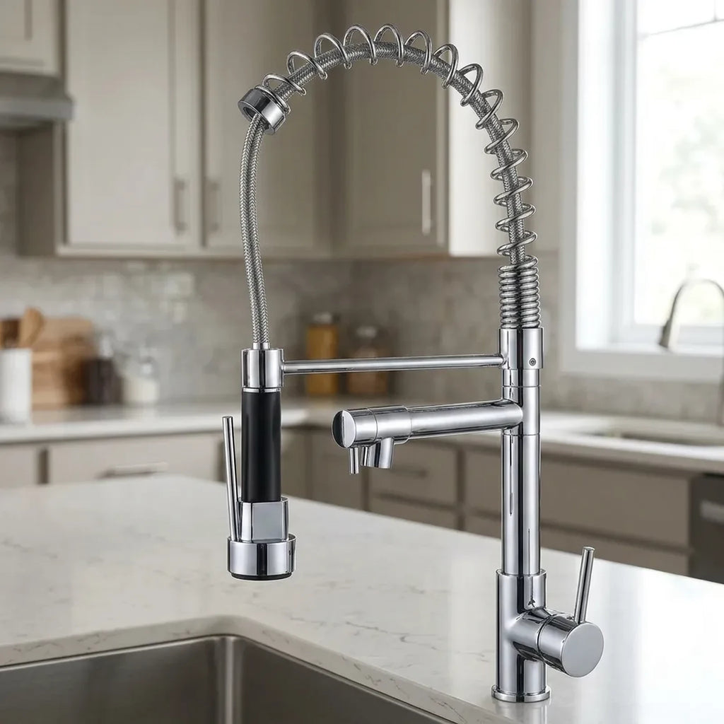 Torneira gourmet de cozinha cromada com mola espiral, ducha pendente e bica auxiliar articulada