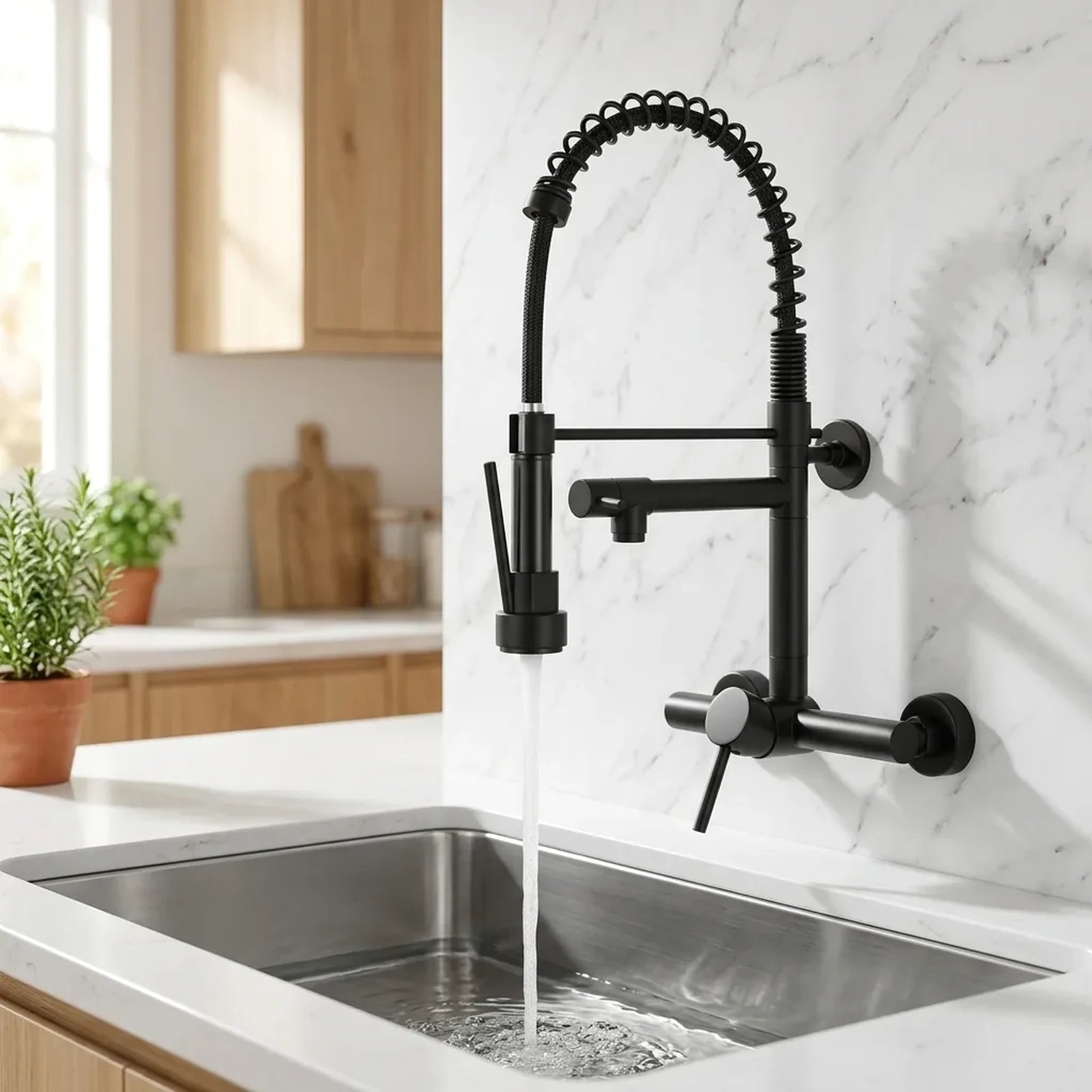 Torneira gourmet preta de parede instalada em cozinha com mármore branco e cuba de aço inox