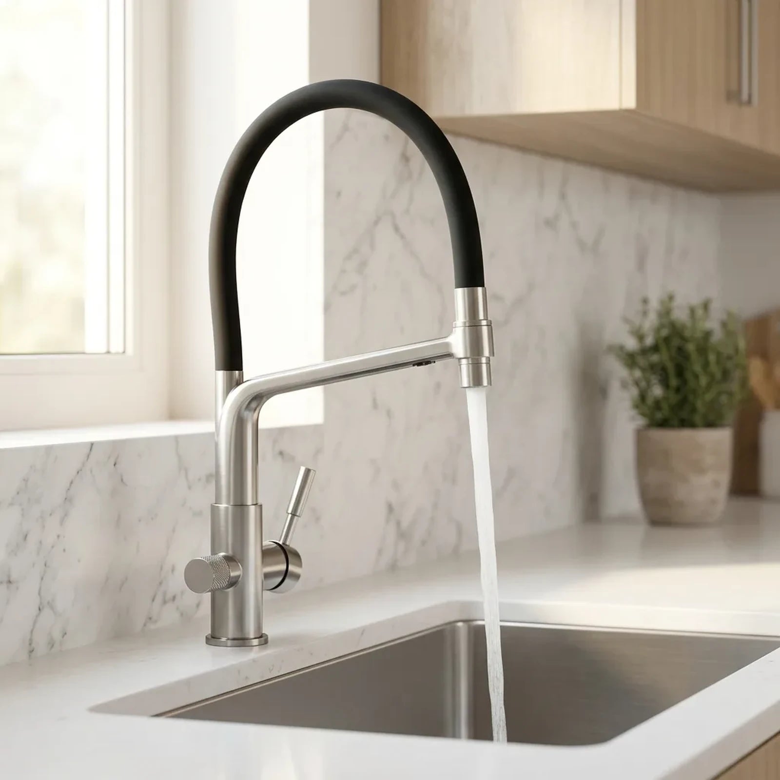 Torneira gourmet com filtro Luxflow cromada instalada em cozinha com bancada branca e cuba de aço inox