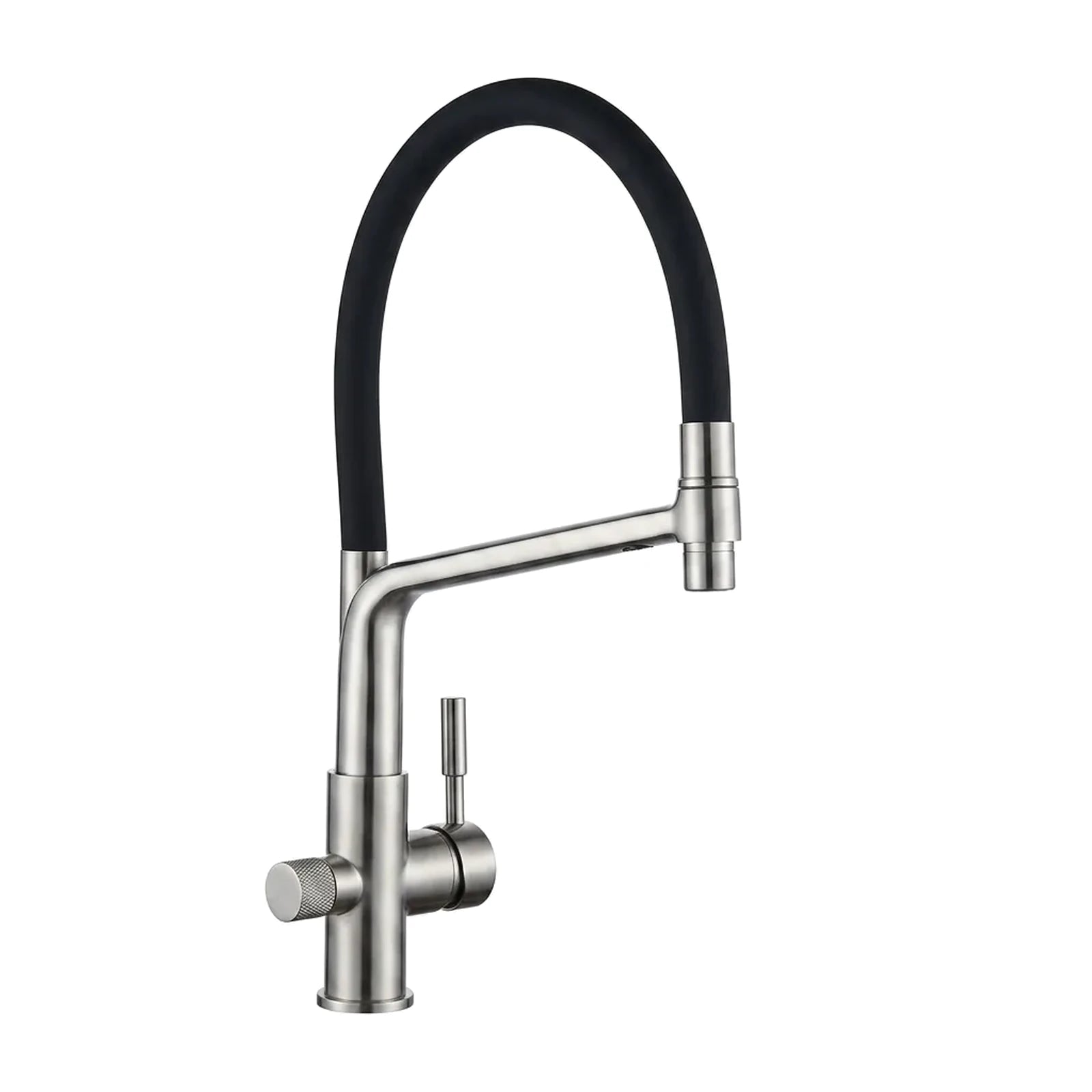 Torneira gourmet com filtro Luxflow cromada com bica flexível preta, foto em fundo branco - Torneiras Royal