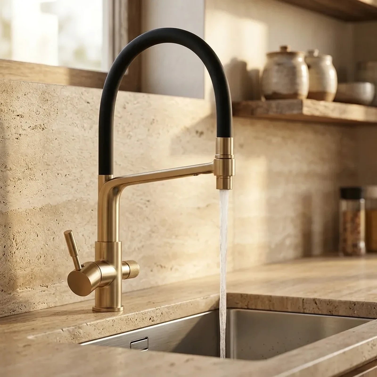 Torneira gourmet com filtro Luxflow dourado escovado instalada em cozinha com bancada de travertino
