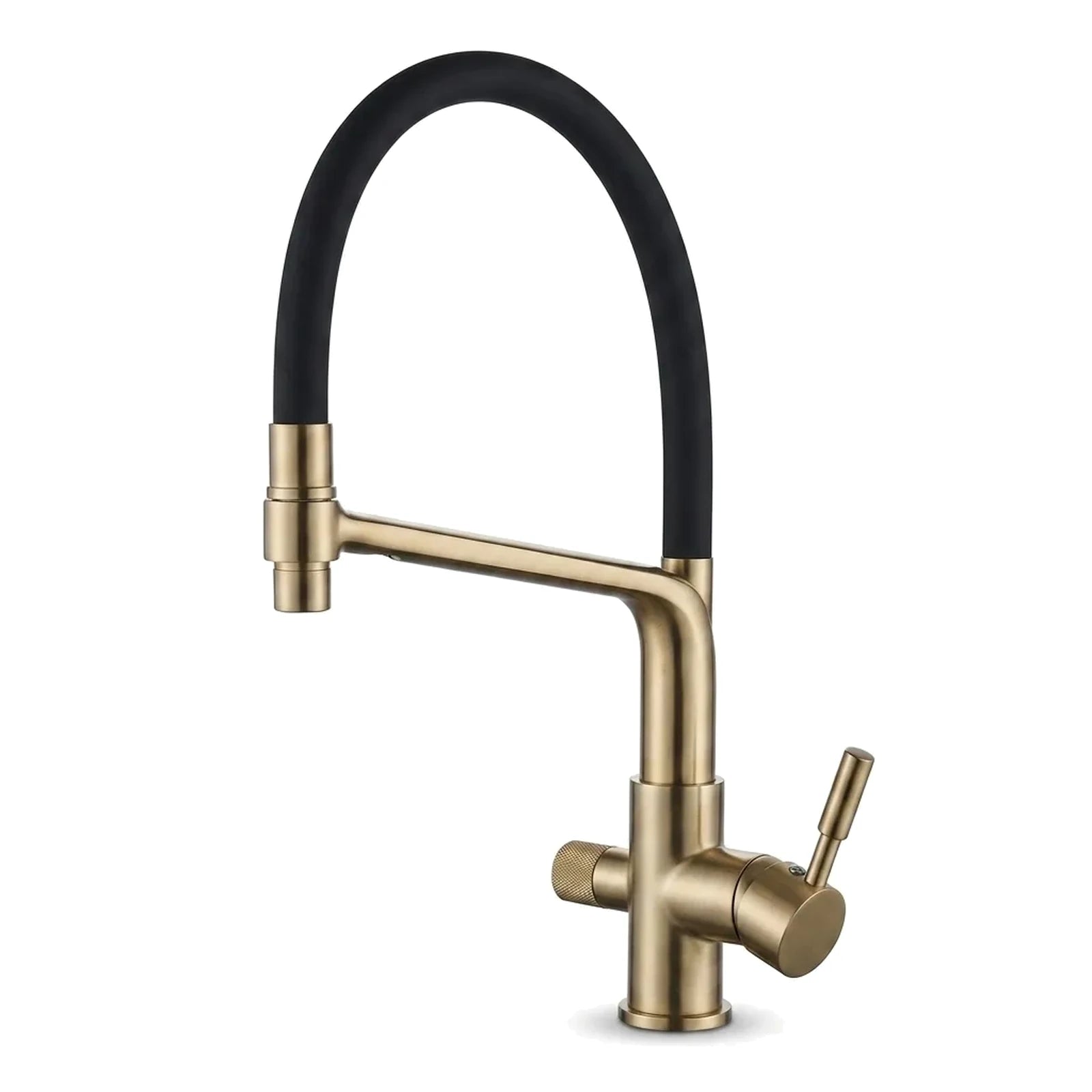 Torneira gourmet com filtro Luxflow dourado escovado com bica flexível preta, foto em fundo branco - Torneiras Royal