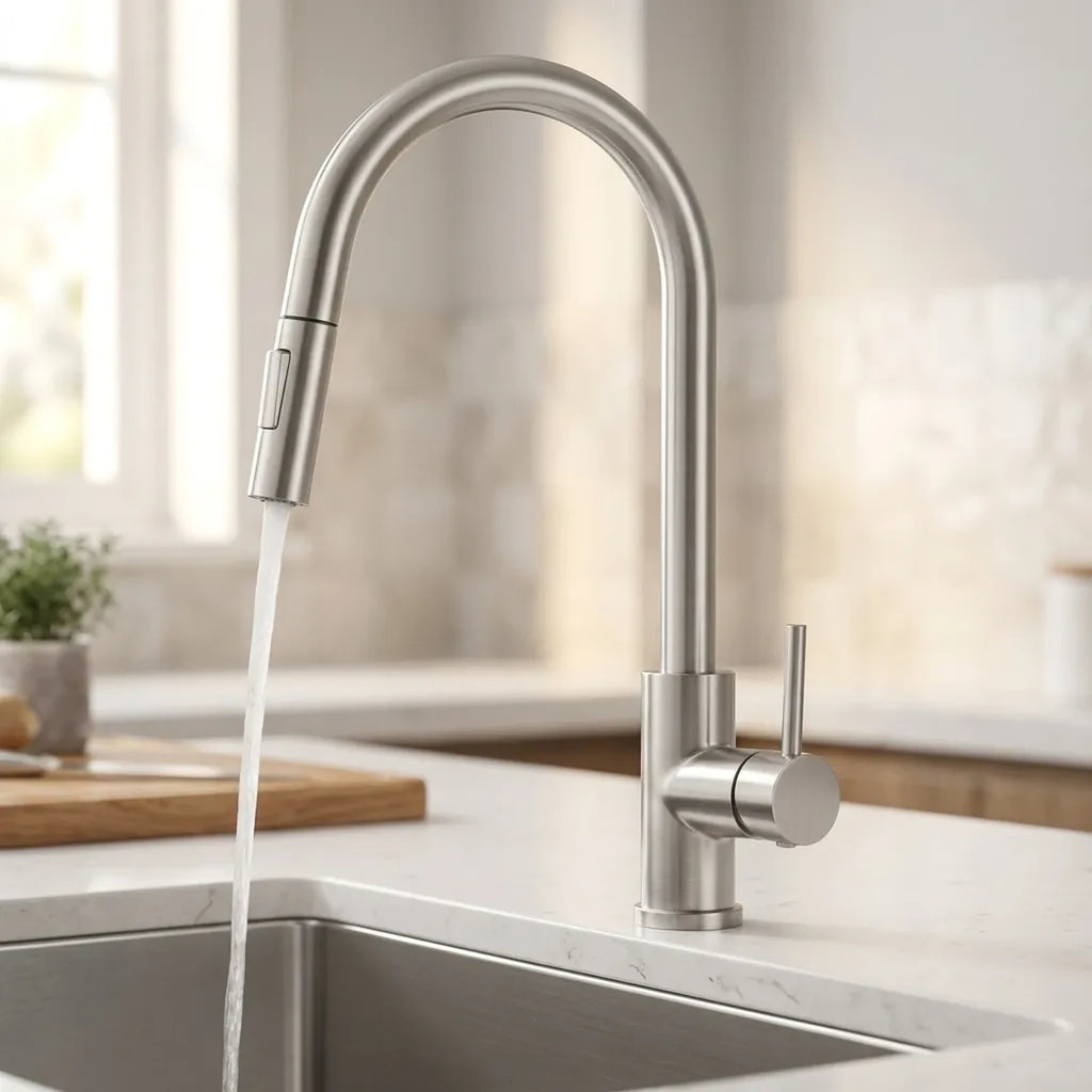 Torneira gourmet Royal Flex prata escovado com ducha extensível instalada em bancada de quartzo branco com cuba de aço inox
