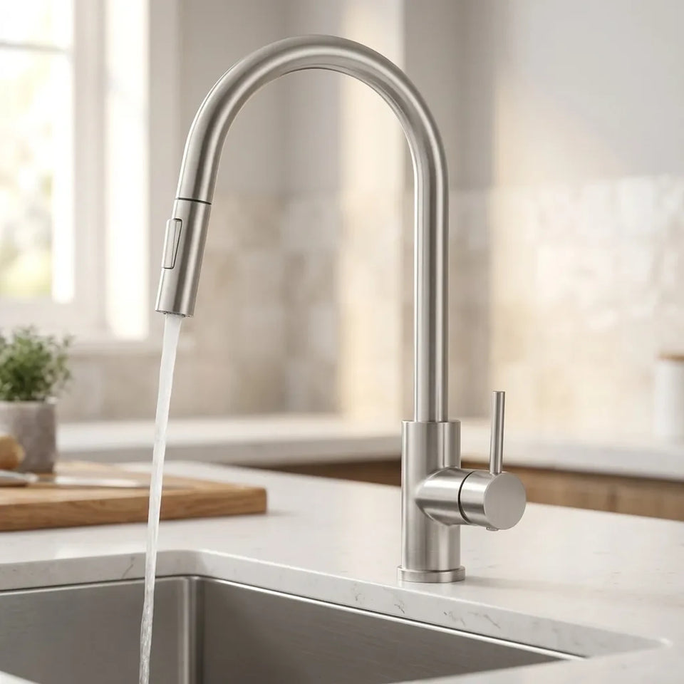 Torneira gourmet Royal Flex prata escovado com ducha extensível instalada em bancada de quartzo branco com cuba de aço inox