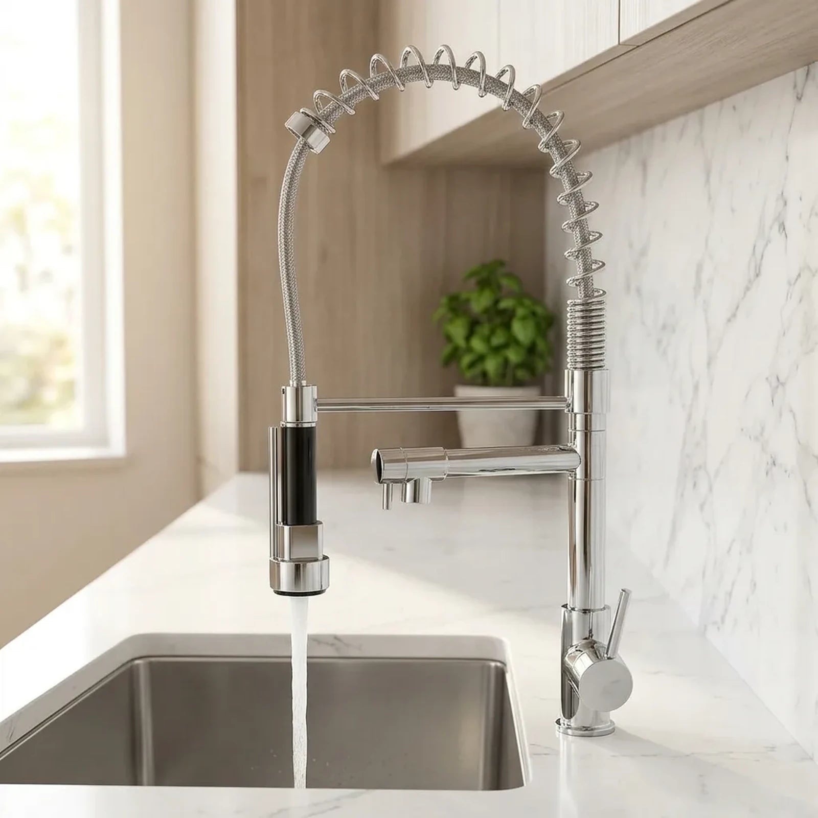 Torneira gourmet Royal Prime cromada instalada em cozinha com bancada branca e cuba de aço inox