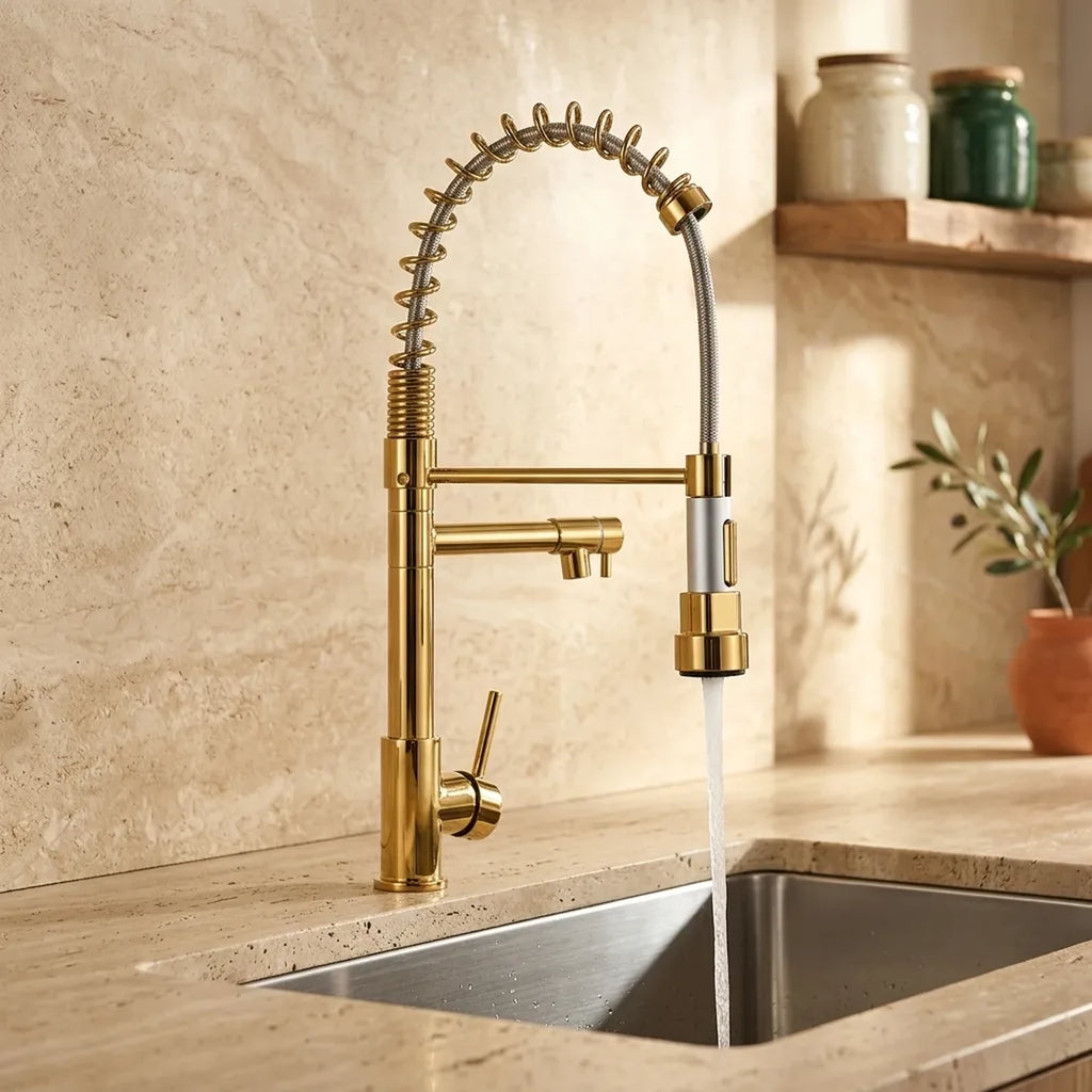 Torneira gourmet Royal Prime dourada instalada em cozinha com bancada de travertino
