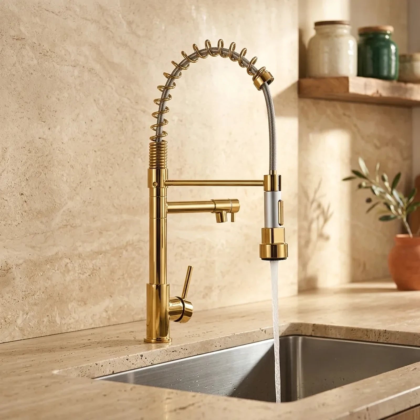 Torneira gourmet Royal Prime dourada instalada em cozinha com bancada de travertino