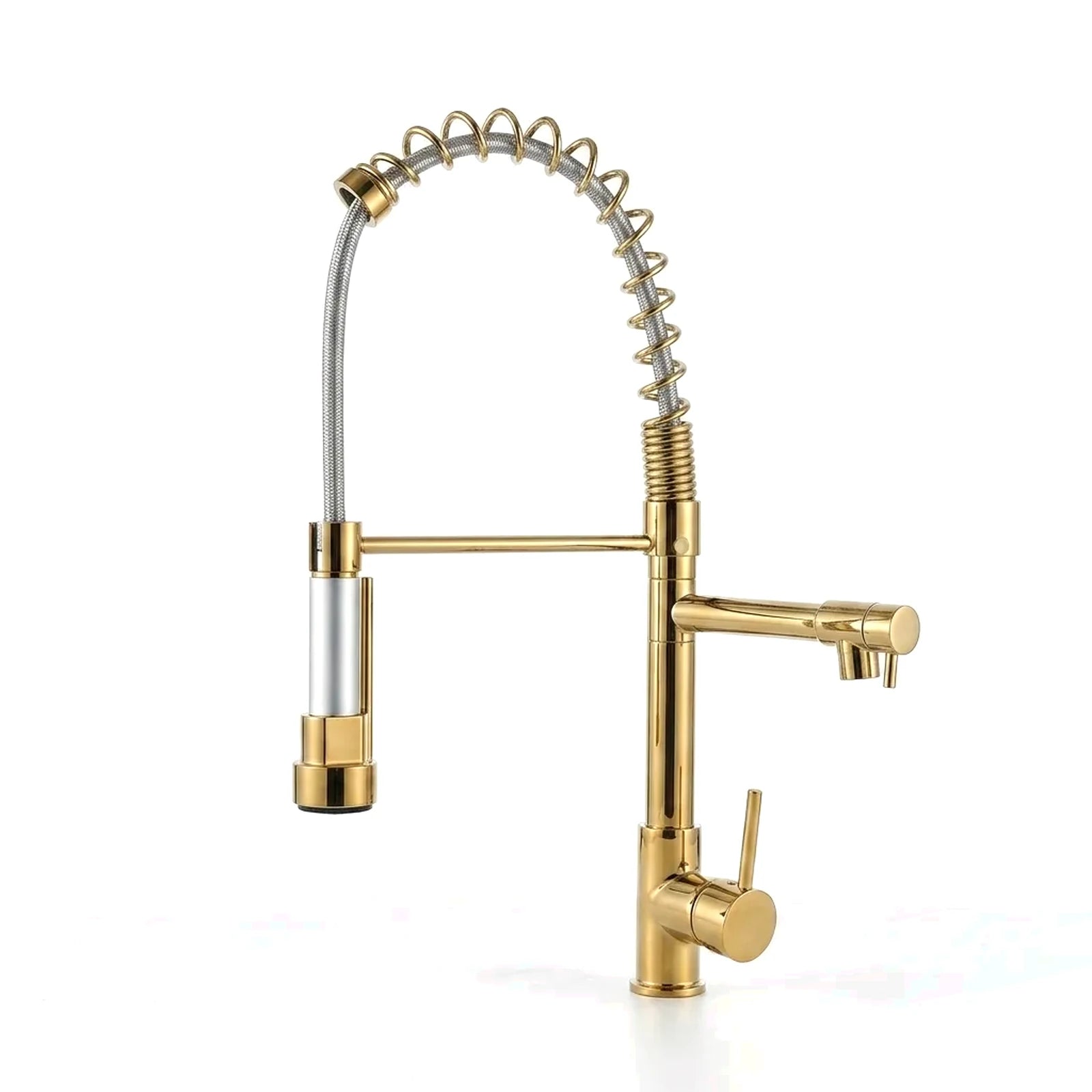 Torneira gourmet monocomando Royal Prime dourada com mola e ducha extensível, foto em fundo branco - Torneiras Royal