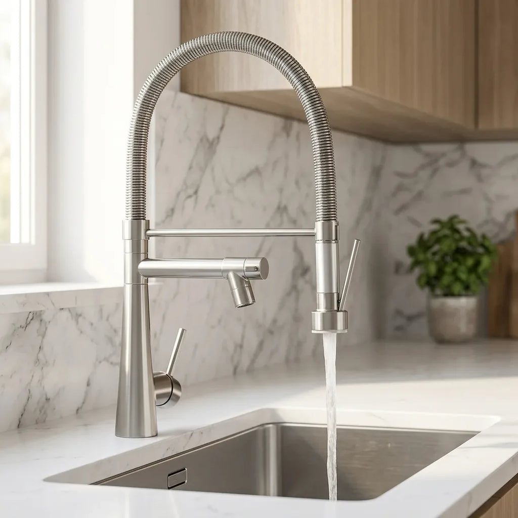 Torneira gourmet Royal Gourmet Pro cromada instalada em cozinha com bancada branca e cuba de aço inox