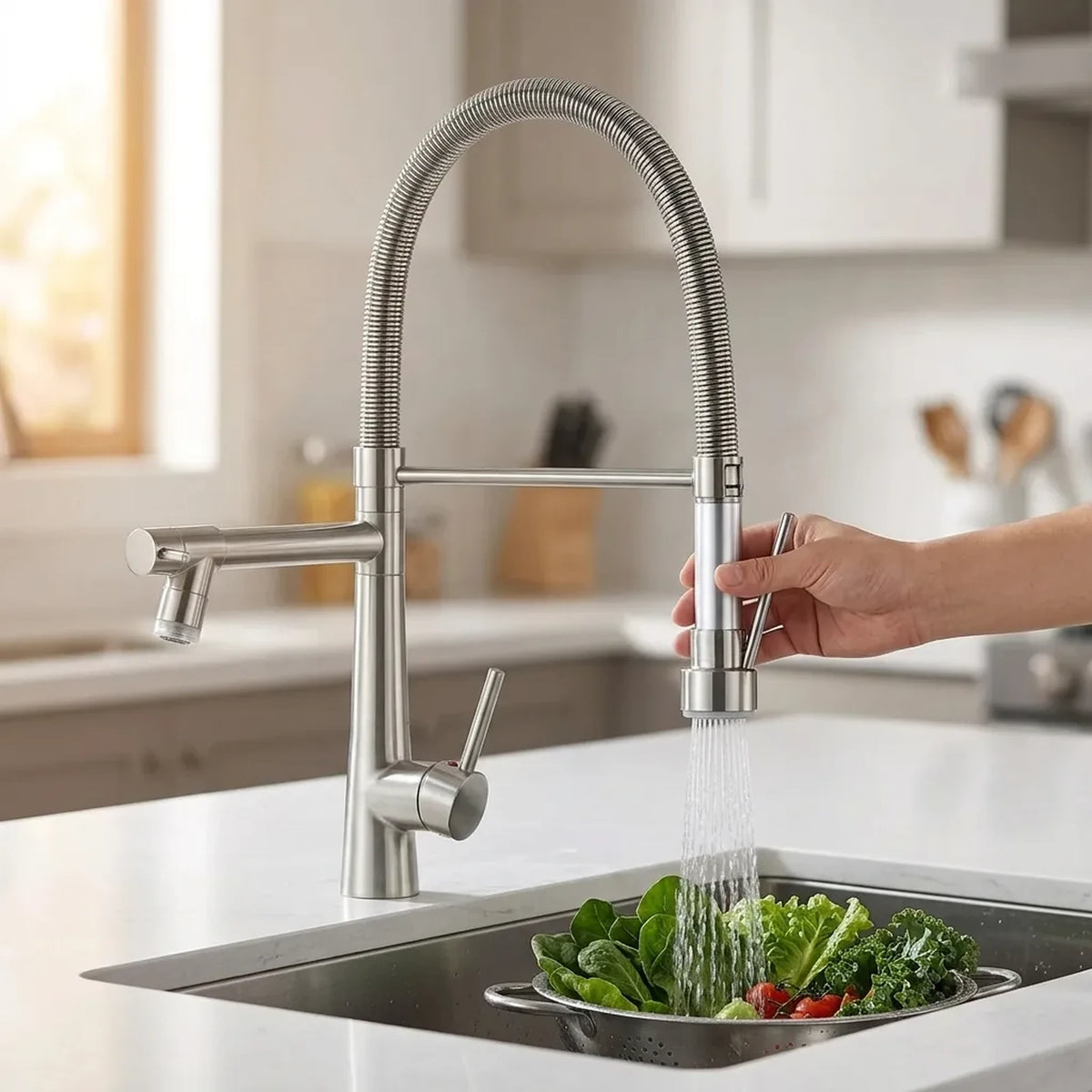Ducha extensível da torneira gourmet Royal Gourmet Pro cromada sendo usada para lavar verduras em cuba de aço inox
