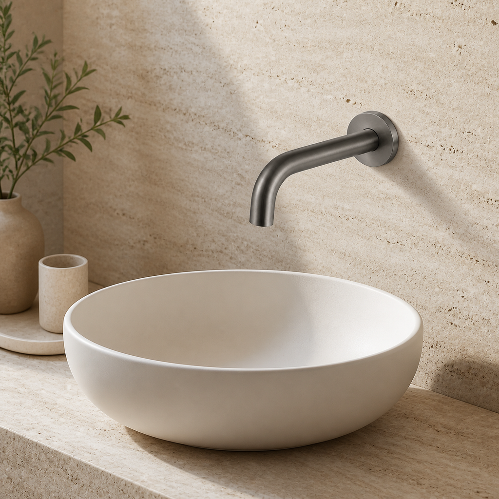 Torneira Heritage de parede Gray B instalada em lavabo contemporâneo