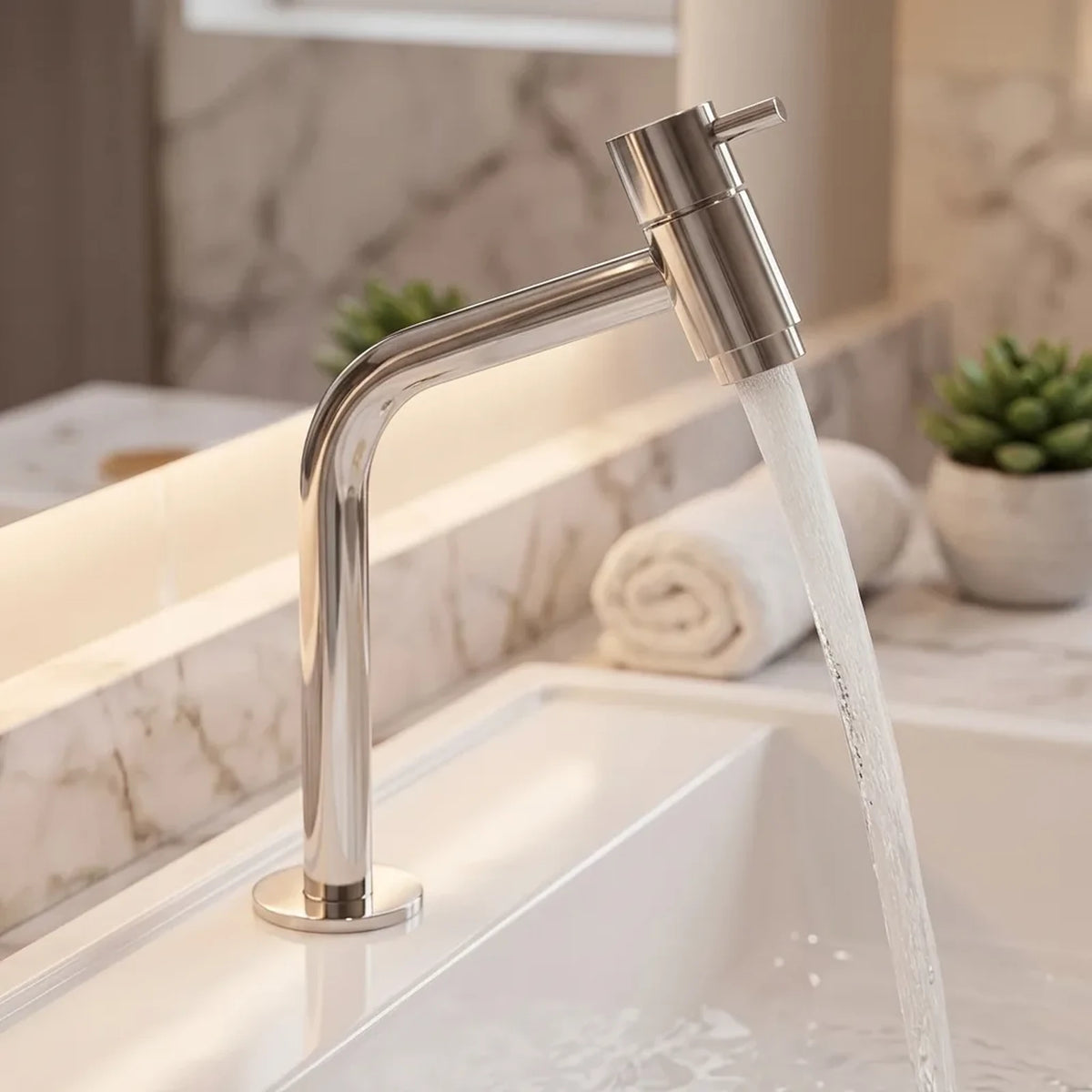 Torneira Link 45° inox ambientada em bancada de mármore branco com cuba de embutir