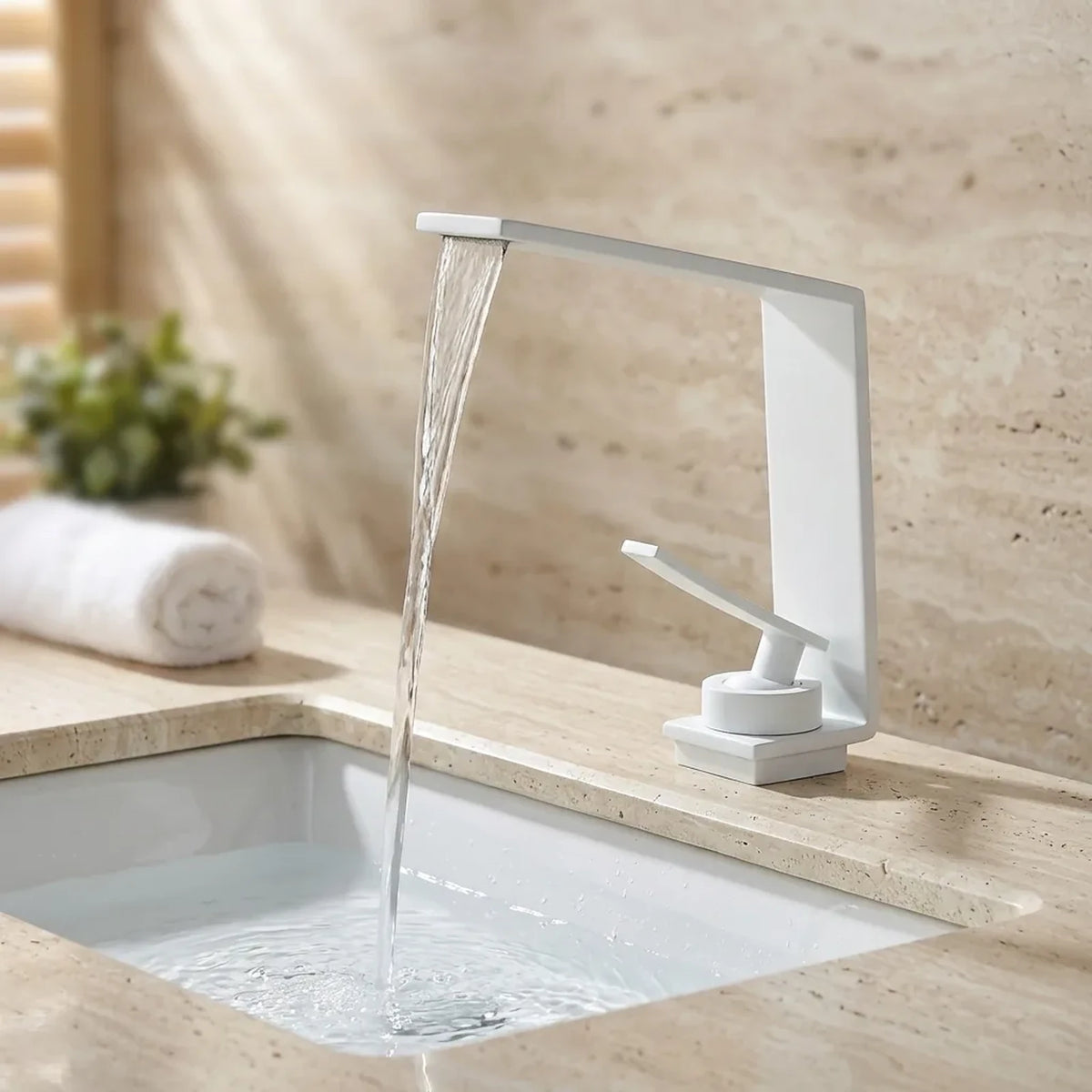 Torneira LuxStream cascata branca instalada em bancada de travertino com cuba de embutir branca
