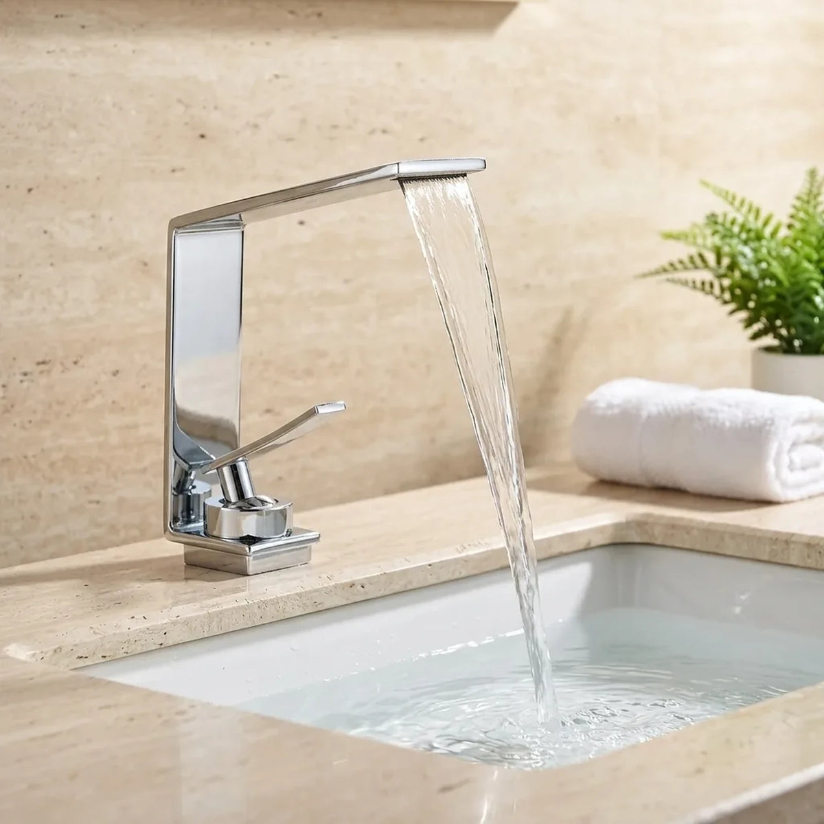 Torneira LuxStream cascata cromada instalada em bancada de travertino com cuba de embutir branca