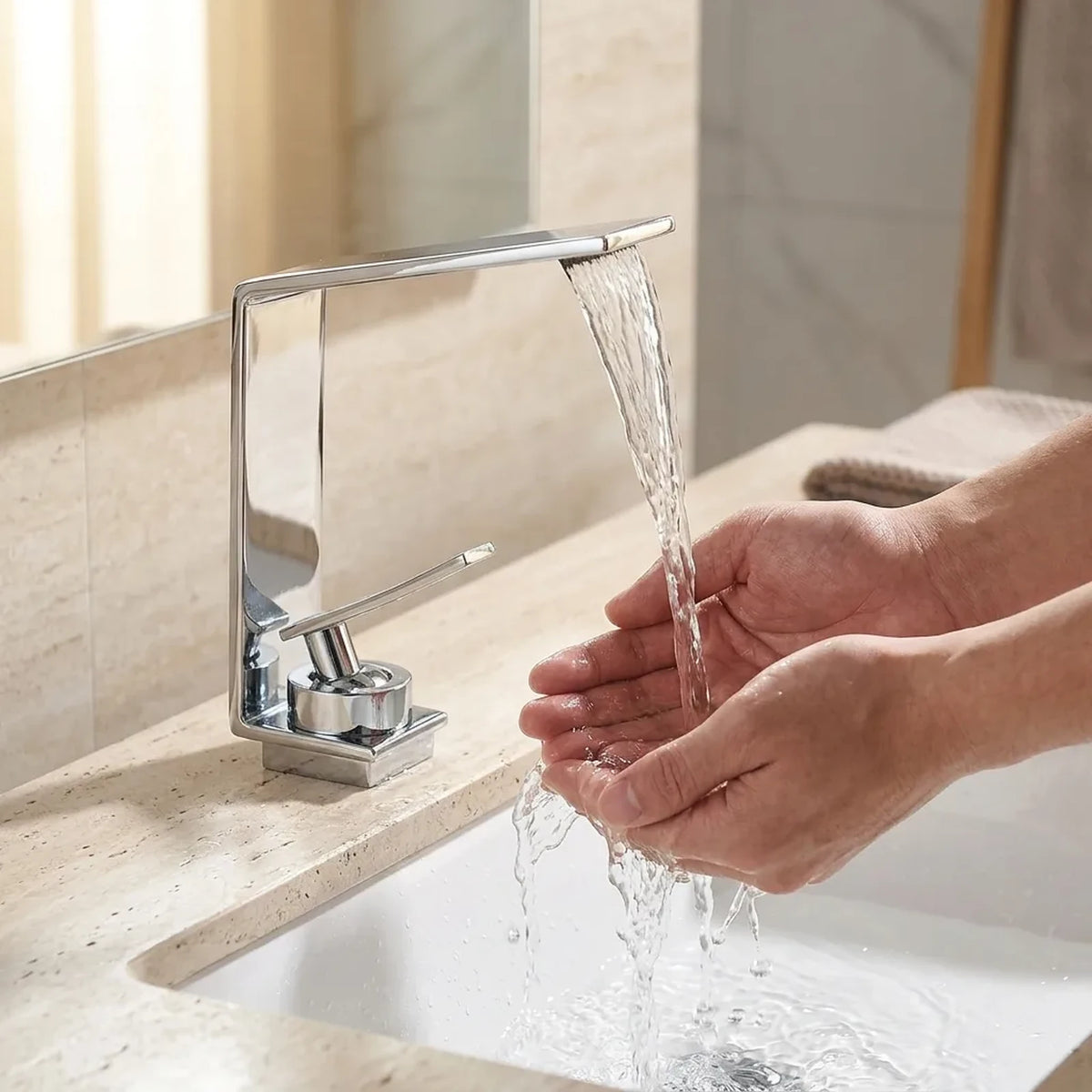 Mãos sendo lavadas sob a lâmina de água da torneira LuxStream cascata cromada em bancada de travertino