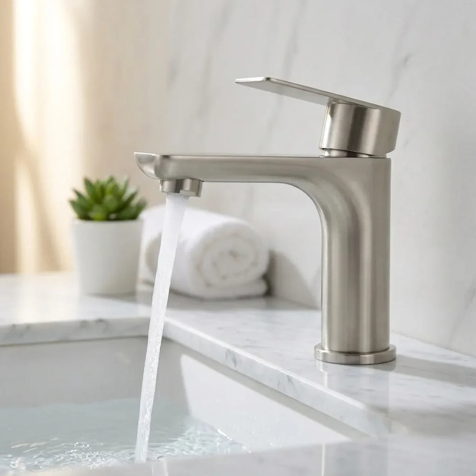 Torneira monocomando Luxury brushed nickel instalada em bancada de mármore branco com cuba de embutir