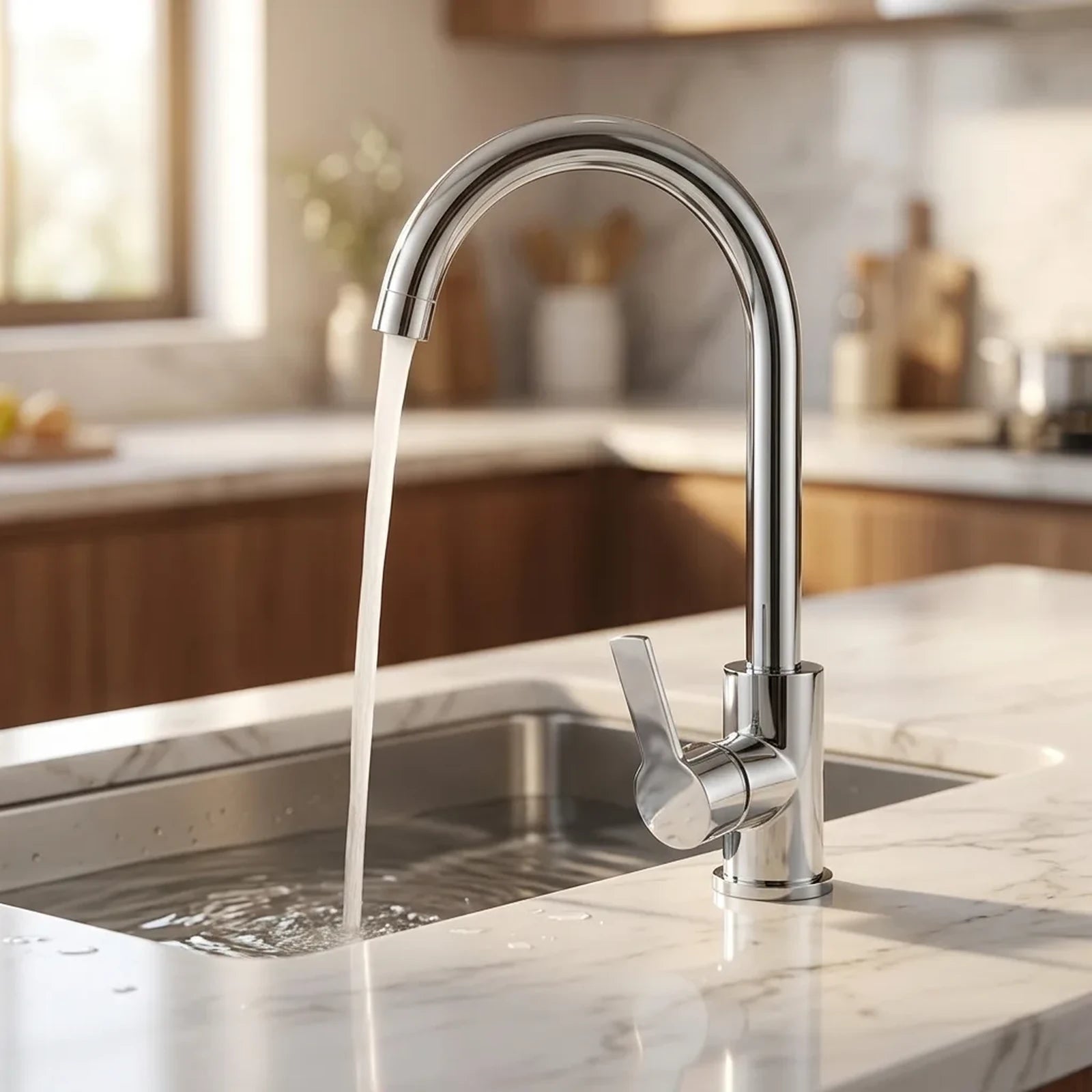 Torneira monocomando Royal Elite instalada em cozinha moderna com bancada de mármore e cuba de embutir