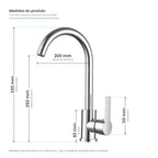 Tabela de medidas da torneira monocomando Royal Elite: altura total 330 mm, altura da bica 250 mm, alcance da bica 200 mm, corpo 93 mm e alavanca 110 mm