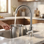 Torneira Royal Elite em uso: panela alta de inox sendo enchida sob a bica gourmet na cozinha