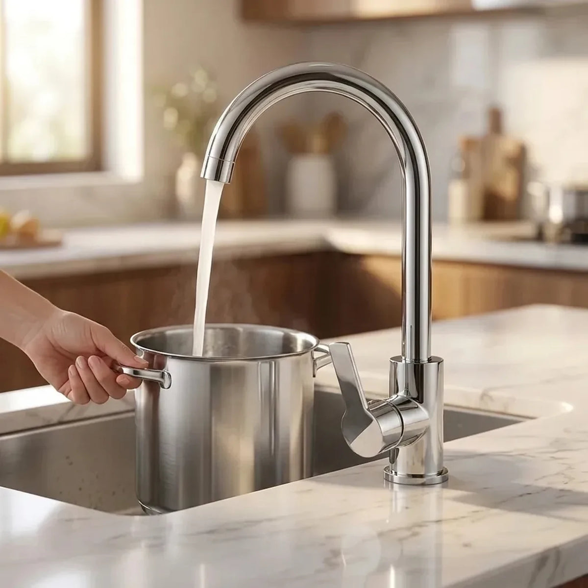 Torneira Royal Elite em uso: panela alta de inox sendo enchida sob a bica gourmet na cozinha