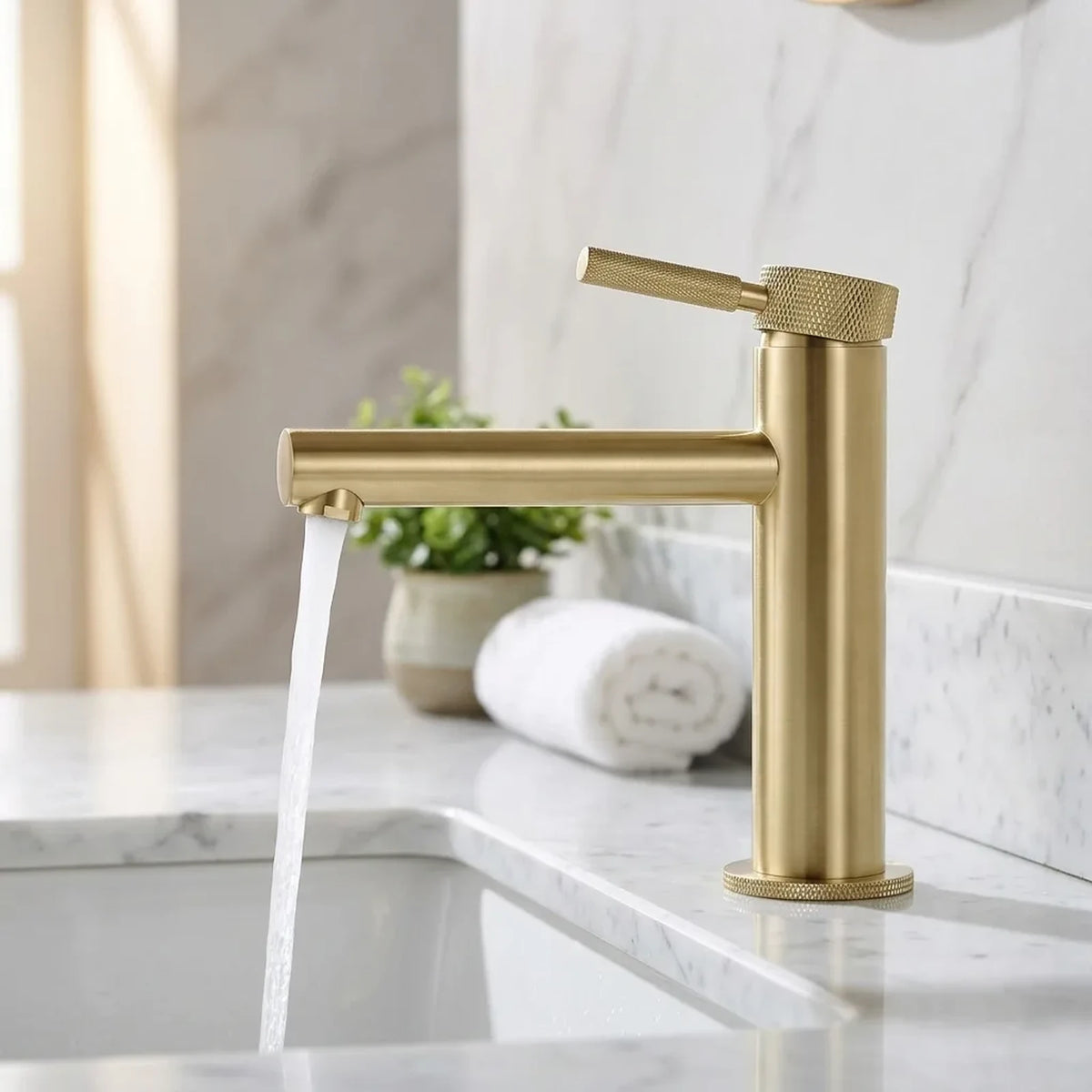 Torneira monocomando dourada com detalhes serrilhados instalada em bancada de mármore branco