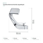 Medidas da Torneira Para Banheiro Luxo Monocomando AquaRoyal: 16 cm de altura, 12,5 cm de alcance, base de 7,5 cm e furo de bancada de 3,3 cm