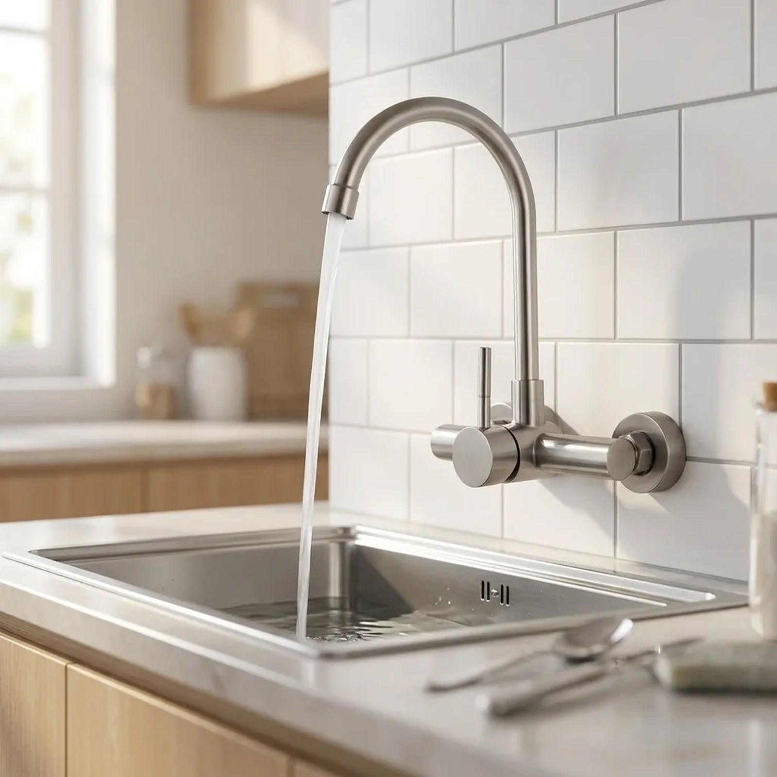 Torneira de parede monocomando em aço escovado instalada em cozinha clara com azulejo branco e cuba de aço inox