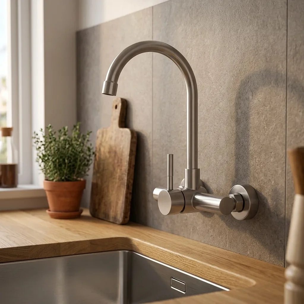 Torneira de parede monocomando em aço escovado em cozinha com bancada de madeira e parede de porcelanato cinza