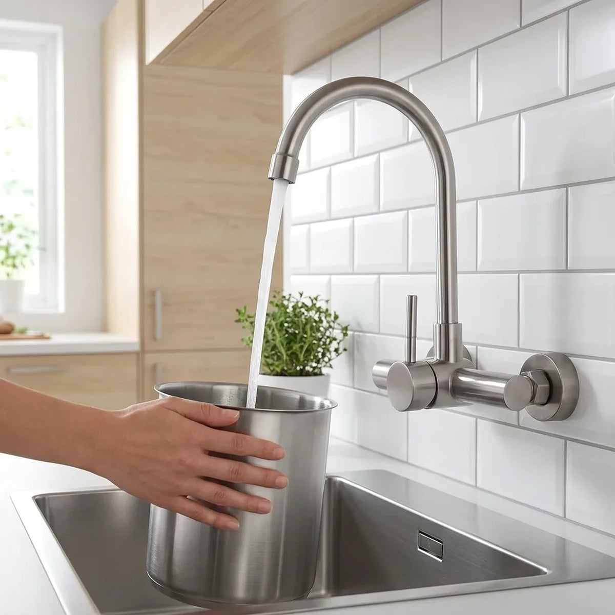 Panela alta de aço inox sendo enchida sob a bica alta da torneira de parede monocomando para cozinha em aço escovado